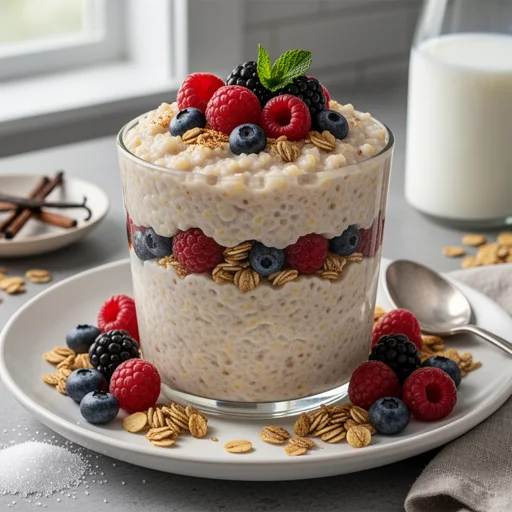 Layered Vanilla Cinnamon Cream of Wheat Parfait with Berries finished dish