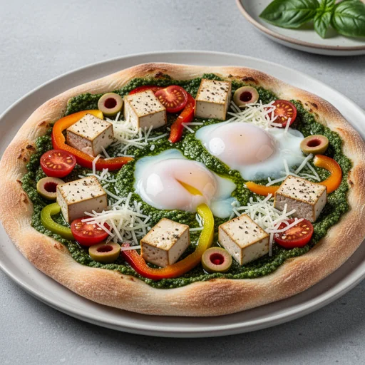 Genovese Pesto Tofu & Baked Egg Pan Pizza finished dish
