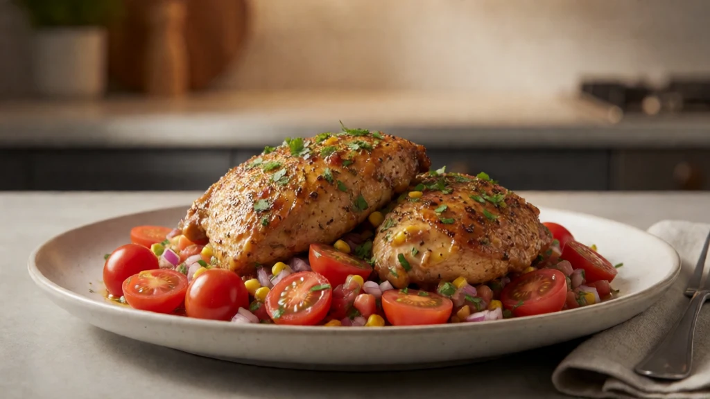 Southwestern Skillet Chicken with Roasted Corn & Tomato Salsa finished dish