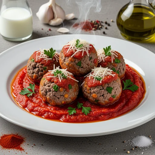 Polpette della Nonna Piccanti con Sugo al Pomodoro Affumicato finished dish