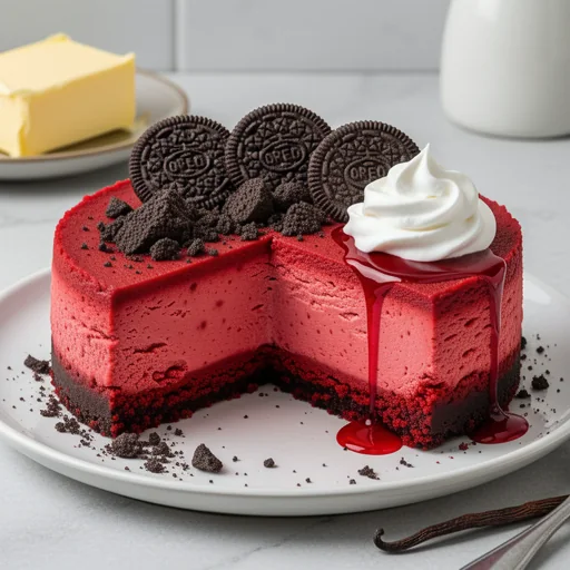Decadent Classic Red Velvet Cheesecake finished dish