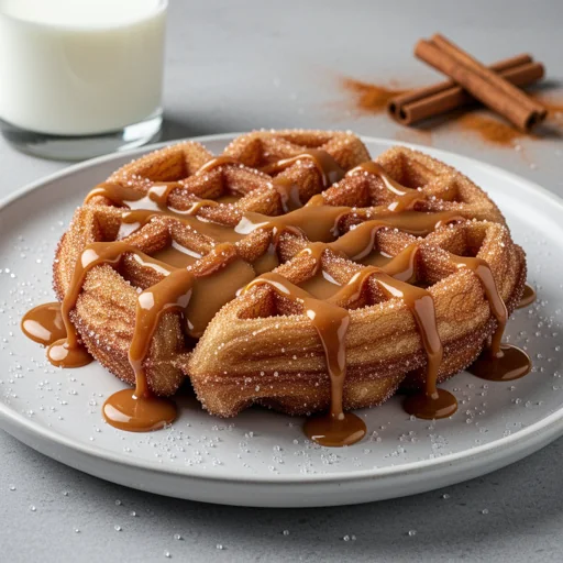 Churro Waffles with Dulce de Leche Drizzle finished dish