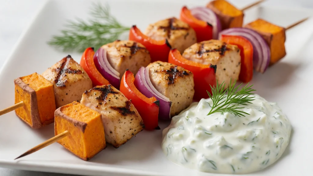 Grilled Mediterranean Chicken & Sweet Potato Skewers with Tzatziki finished dish