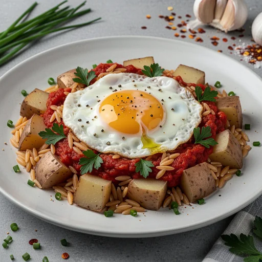 Spicy Arrabbiata Pasta Hash with Sunny-Side Up Egg finished dish