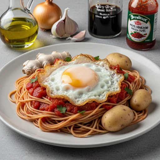 Spicy Ginger-Tomato Noodles with Crispy Fried Egg finished dish