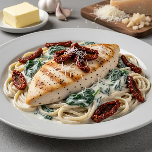 Sun-Dried Tomato & Spinach Chicken Alfredo finished dish