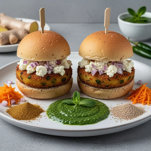 Paneer Aloo Tikki Sliders with Quick Mint Chutney finished dish