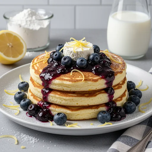 Lemon Ricotta Pancakes with Blueberry Compote finished dish