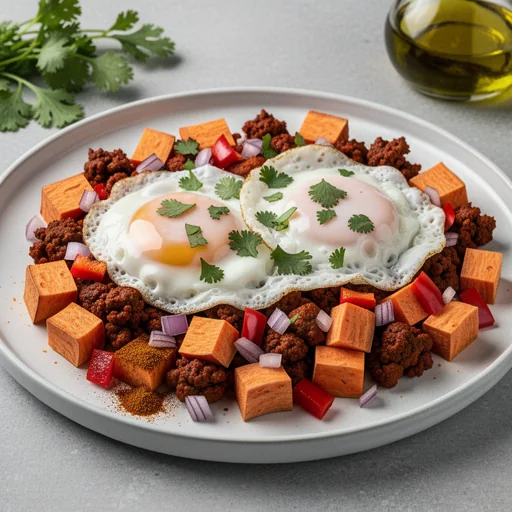 Spicy Chorizo & Sweet Potato Hash with Fried Eggs finished dish