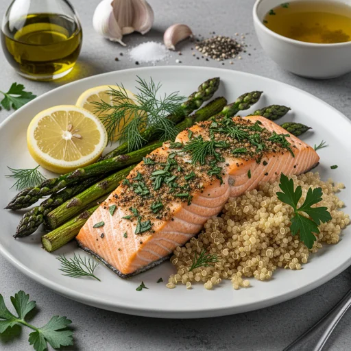 Lemon Herb Crusted Salmon with Roasted Asparagus and Quinoa finished dish