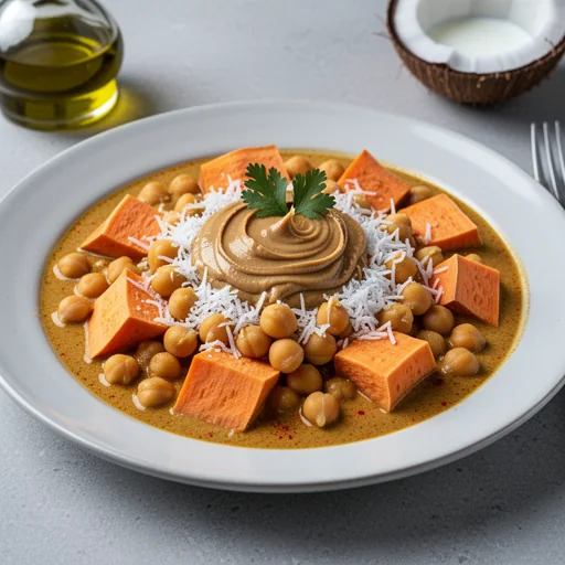 Caril de Grão-de-Bico e Batata Doce com Amendoim e Coco (Sweet Potato & Chickpea Peanut Coconut Curry) finished dish