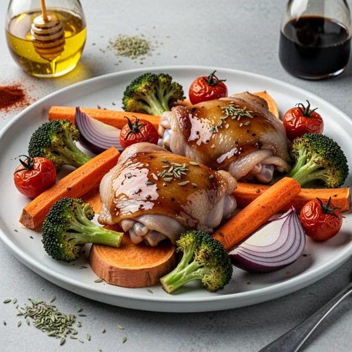 Sheet Pan Honey-Garlic Chicken & Roasted Veggies finished dish