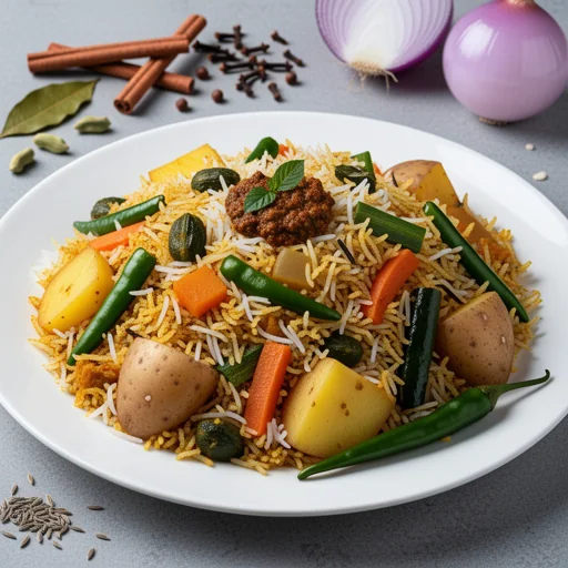 Vegetable Tehri (Mixed Vegetable Pulao) finished dish