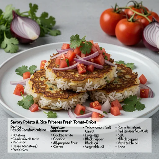Savory Potato & Rice Fritters with Fresh Tomato-Onion Salsa finished dish