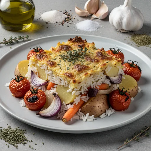 Mediterranean Baked Rice & Potato Casserole with Roasted Tomatoes & Onions finished dish