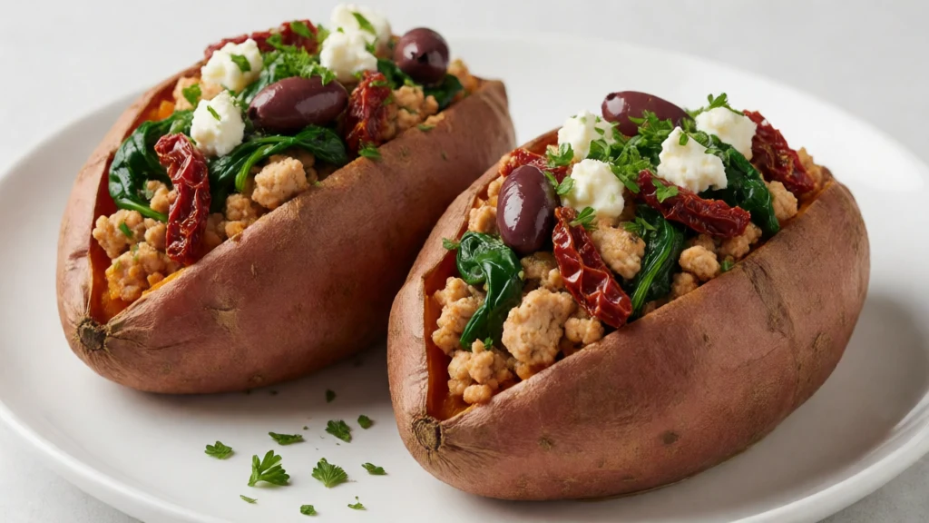 Mediterranean Stuffed Sweet Potatoes with Spiced Chicken finished dish