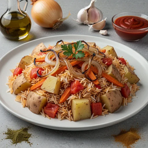 Spicy Tomato & Potato Pilaf with Caramelized Onion & Carrot finished dish