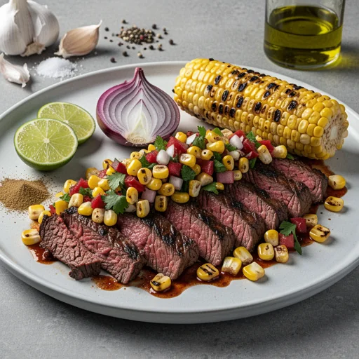 Smoky Chipotle Skirt Steak with Grilled Corn Salsa finished dish