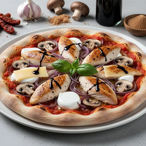 Pizza al Pollo Balsamico e Cipolle Caramellate finished dish