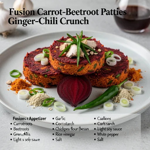 Fusion Carrot-Beetroot Patties with Ginger-Chili Crunch finished dish