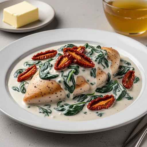 Creamy Tuscan Chicken with Sun-Dried Tomatoes and Spinach finished dish