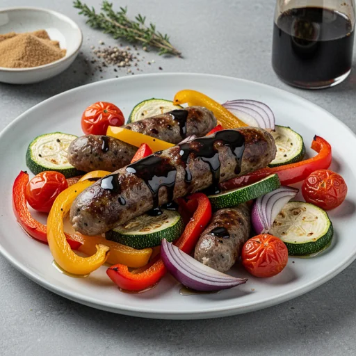 One-Pan Balsamic Glazed Sausage and Roasted Vegetables finished dish
