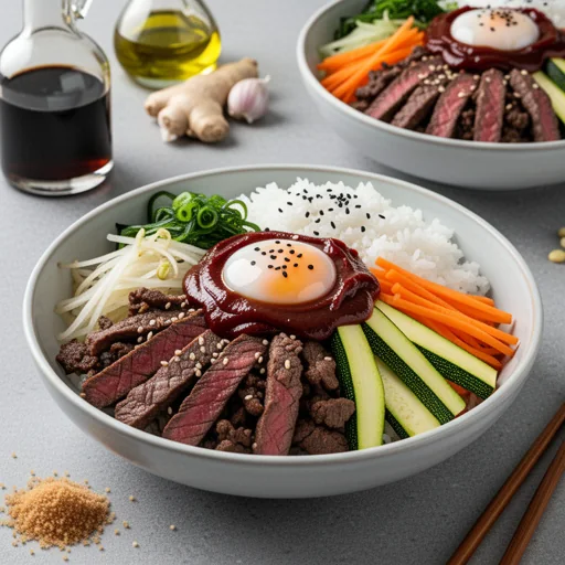 Spicy Korean Beef Bibimbap Bowls finished dish