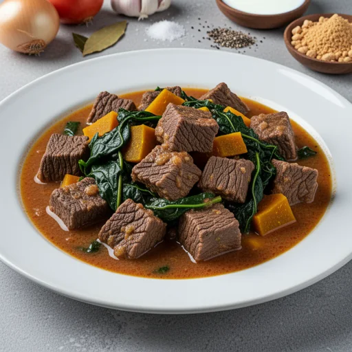 Chisaca de Carne (Beef and Pumpkin Leaf Stew) finished dish