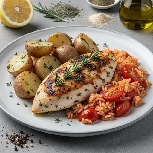 Mediterranean Baked Chicken with Lemon-Herb Potatoes and Tomato Rice finished dish