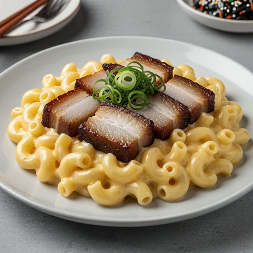 Korean BBQ Pork Belly Mac & Cheese finished dish