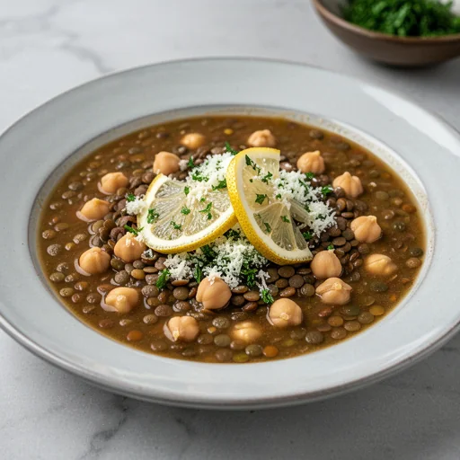Hearty Moroccan Lentil & Chickpea Soup with Preserved Lemon Gremolata finished dish