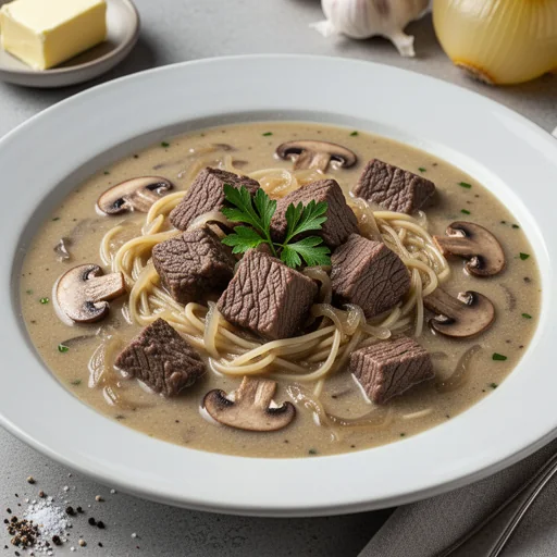 Creamy French Onion Beef & Mushroom Soup with Noodles finished dish