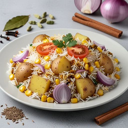 Masala Corn Potato Pulao finished dish
