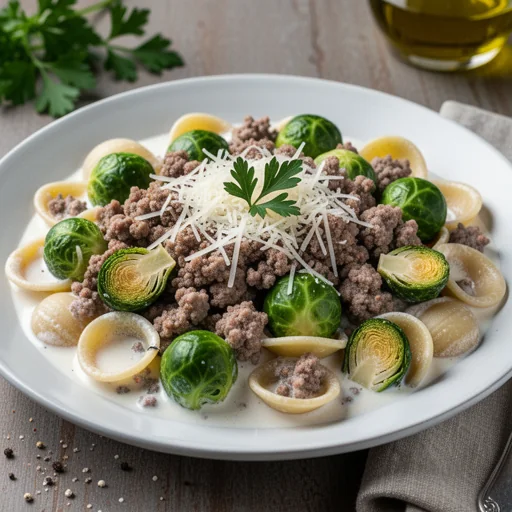Creamy Skillet Sausage & Brussels Pasta finished dish