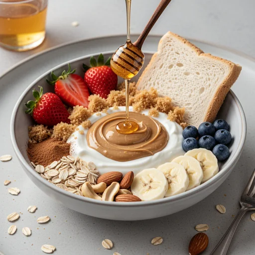 Deconstructed Peanut Butter & Honey Breakfast Bowl with Toasted Bread Crumble finished dish