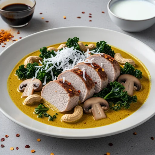 Caril de Porco com Couve e Cogumelos, Amendoim e Coco (Pork & Kale Peanut Coconut Curry) finished dish