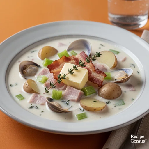 Hearty New England Clam Chowder finished dish