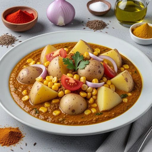 Corn Potato Tomato Curry (Rassa) finished dish