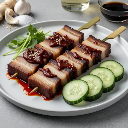Spicy Korean Gochujang Pork Belly Skewers with Quick Pickled Cucumber finished dish