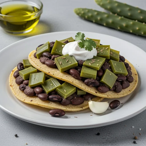 Huaraches con Nopales y Frijoles (Cactus and Black Bean Huaraches) finished dish