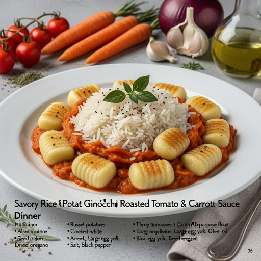 Savory Rice & Potato Gnocchi with Roasted Tomato & Carrot Sauce finished dish