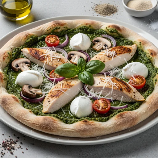 Pizza al Pesto con Pollo e Verdure Arrosto finished dish