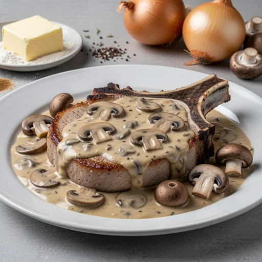 Smothered Pork Chops with Creamy Mushroom Sauce finished dish