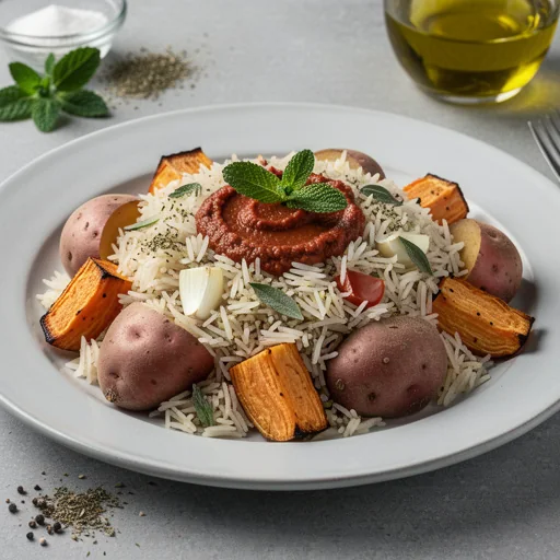 Mediterranean Rice Pilaf with Roasted Root Vegetables finished dish