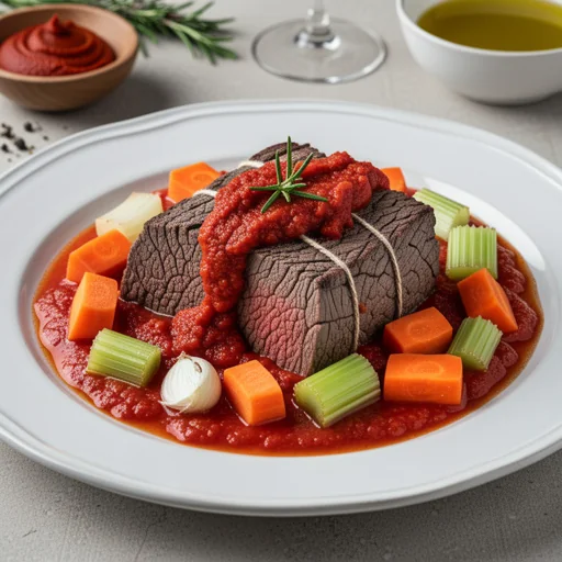 Brasato di Manzo alla Calabrese con Pomodoro e Peperoncino finished dish