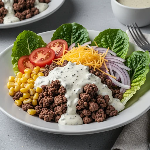 Hearty Beef & Romaine Taco Bowls with Creamy Dressing finished dish