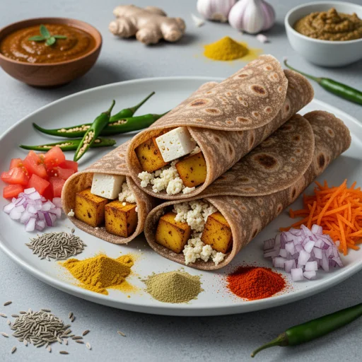 Spiced Paneer & Potato Roti Rolls finished dish