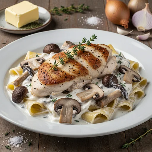 Wild Mushroom & Thyme Chicken Alfredo with Pappardelle finished dish