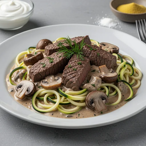 Lighter Greek Yogurt Beef Stroganoff with Zucchini Noodles finished dish