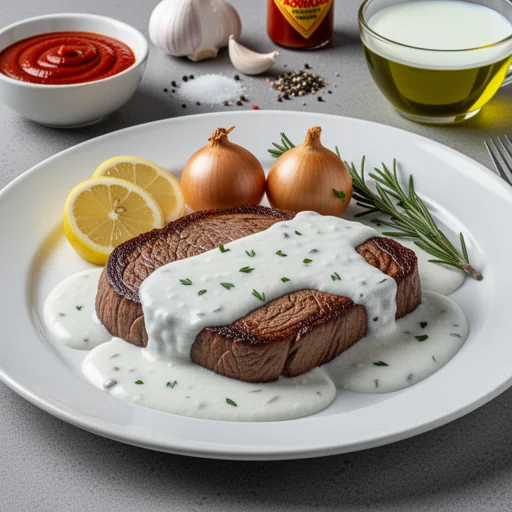 Bife à Moçambicana com Molho de Coco (Mozambican Steak with Coconut Sauce) finished dish